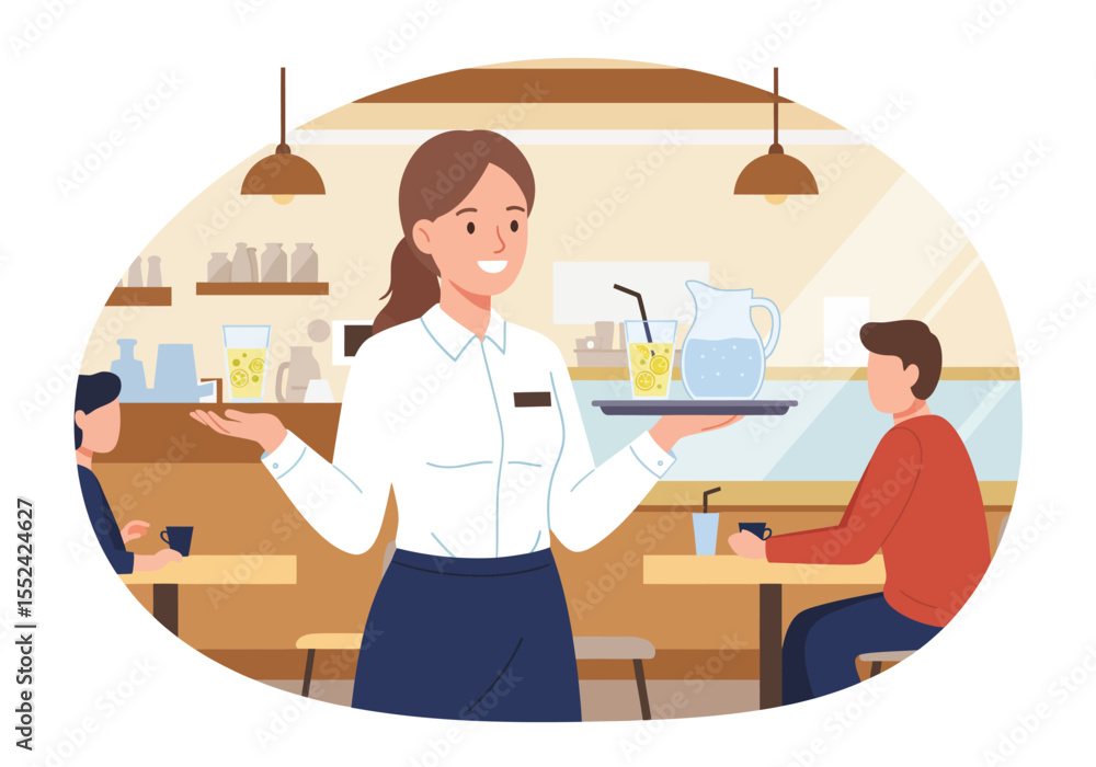 Smiling Waitress Serving Lemonade on Tray in Restaurant Illustration. Smiling Waitress Serving Lemonade on Tray in Restaurant Illustration.