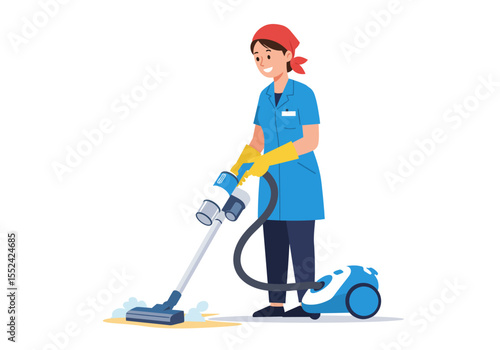Smiling Woman in Blue Uniform Vacuuming with a Blue Vacuum Cleaner.