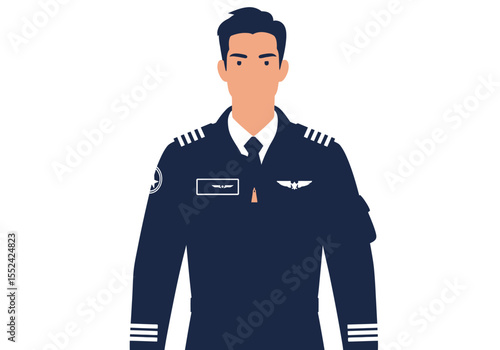 Vector Illustration of a Pilot in Uniform with Shoulder Stripes and Wings.