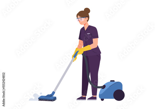 Woman in uniform cleaning with a blue steam mop and vacuum cleaner.