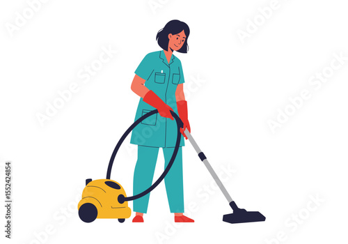 Woman in Teal Uniform Vacuuming with Yellow Vacuum Cleaner and Red Gloves.