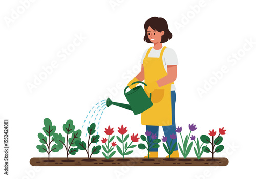 Woman in Yellow Apron Watering Plants with Green Watering Can.