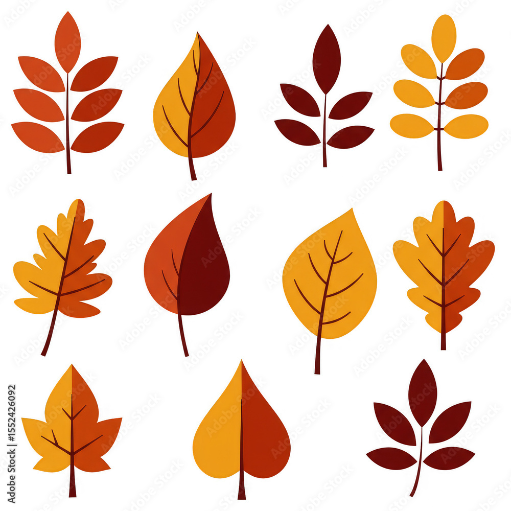 Fototapeta premium Illustration of Assorted Autumn Leaves in Red Yellow and Orange Tones