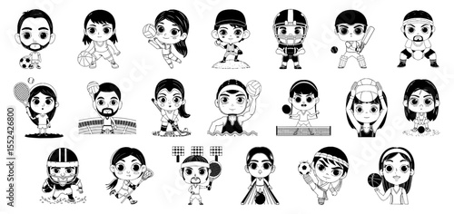 A collection of diverse chibi-style cartoon athletes in various sports poses, rendered in black and white with thick outlines. Ideal for coloring books, stickers, posters, and sporty-themed designs.