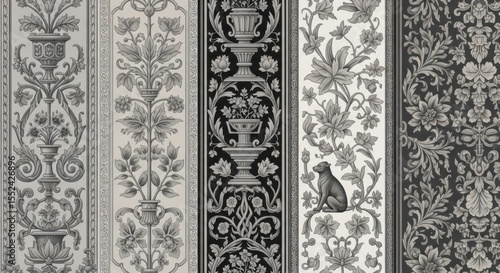 Detailed Damask Style Wallpaper with Floral Motifs and Animal Illustrations