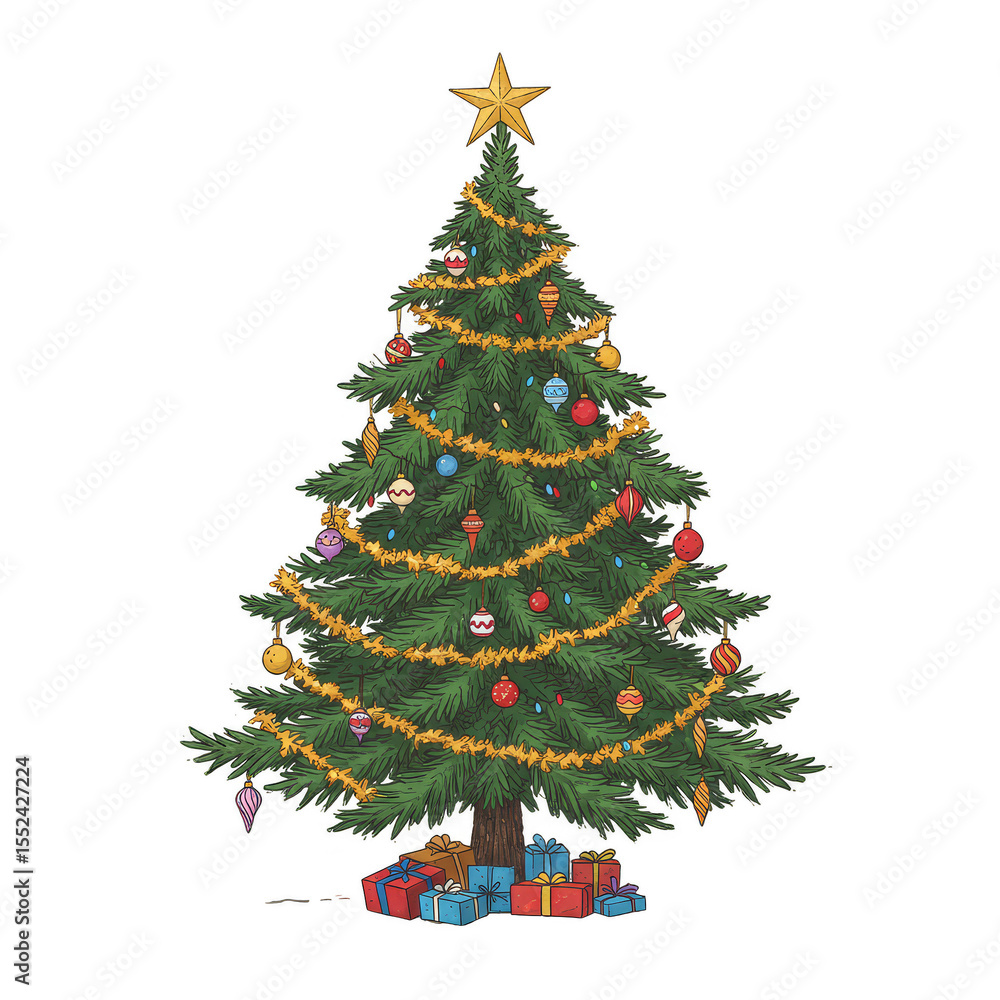Illustration of Christmas Tree with Ornament Balls and Star Decoration Illustration of Christmas Tree with Ornament Balls and Star Decoration
