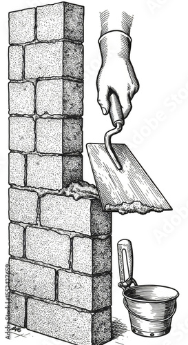 Illustration of Bricklaying Construction Repairing Brick Wall With Hand