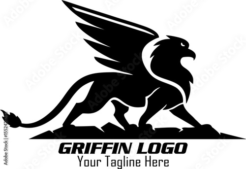 Griffin Logo, Silhouette of griffin with open beak and raised wing Logo vector, Heraldry animal, Griffin Mythical Creature Emblem mascot Vector Design Logo