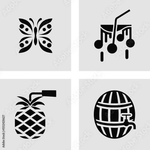 Tropical Paradise Butterfly, Pineapple, Music, and Rum Icons