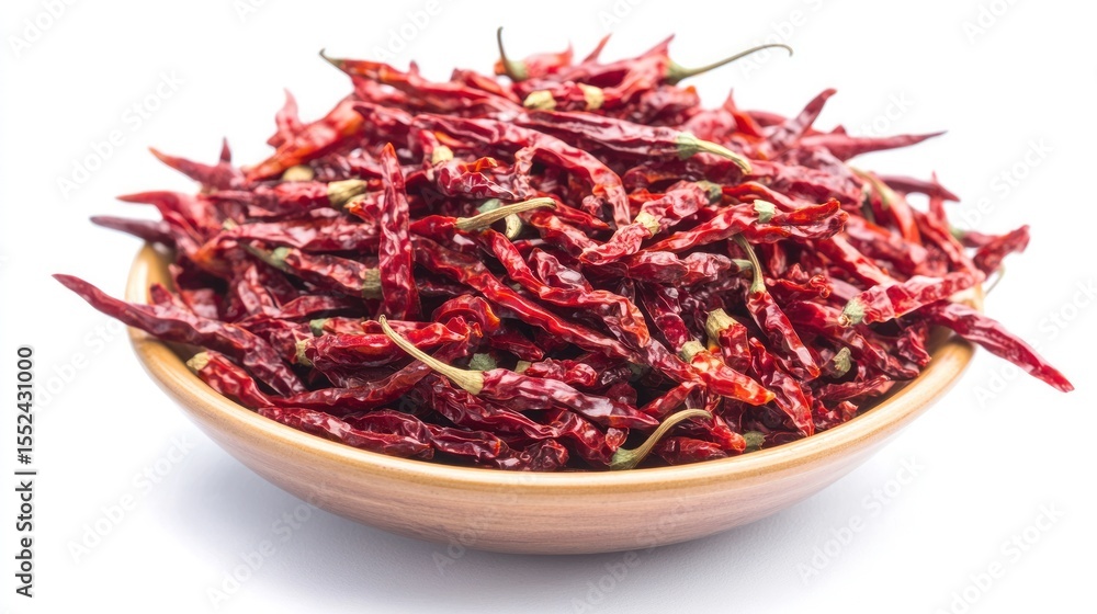 Fototapeta premium Dried red chili peppers in a wooden bowl.