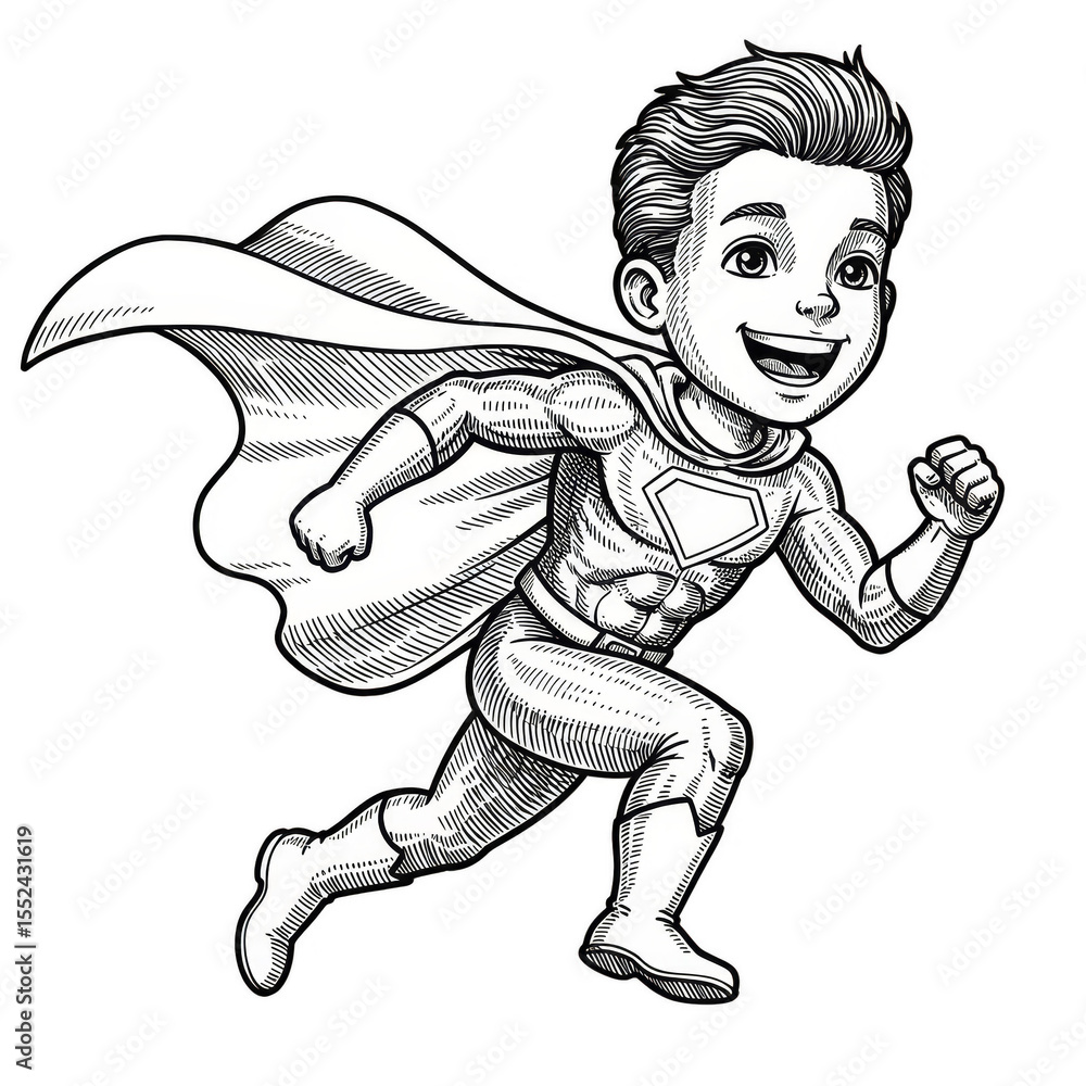 Fototapeta premium Illustration of Running Superhero Boy with Cape in Black and White