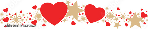 Valentine's Day border, gold and red hearts and stars banner