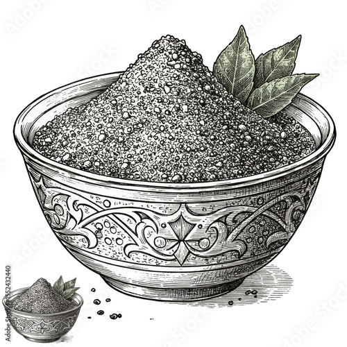 Illustration of Spice Bowl with Herbs and Black Outline Drawing
