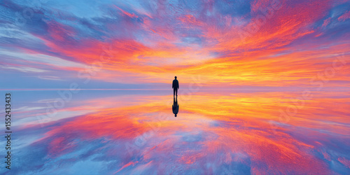 Silhouette of person standing alone on reflective water surface during vibrant colorful sunset with dramatic clouds and peaceful atmosphere