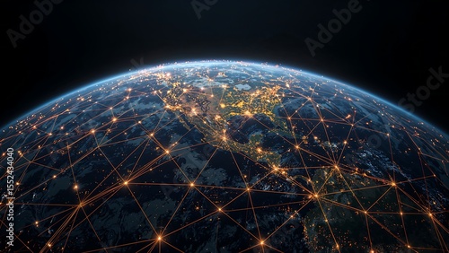 earth with hexagonal grid and points of light connecting to each other,