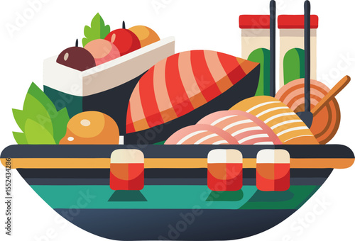 Bold flat illustration of a sushi boat with assorted nigiri and rolls with white background.