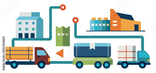 A flat design illustration depicting a supply chain or logistics network, with buildings, factories, and various trucks transporting goods, symbolizing distribution and delivery processes.