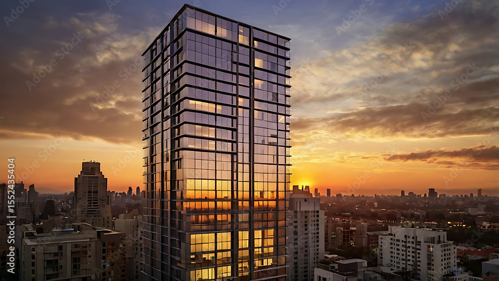 sunset in the city, Towering above the city, a majestic skyscraper stands illuminated by the warm glow of a vibrant sunset, its sleek glass façade perfectly reflecting the urban below. 32K Revolution sunset in the city, Towering above the city, a majestic skyscraper stands illuminated by the warm glow of a vibrant sunset, its sleek glass façade perfectly reflecting the urban below. 32K Revolution