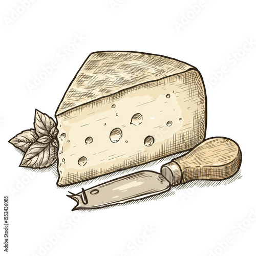 Illustration of Yellow Swiss Cheese Wedge with Cutter Basil and Transparent Background