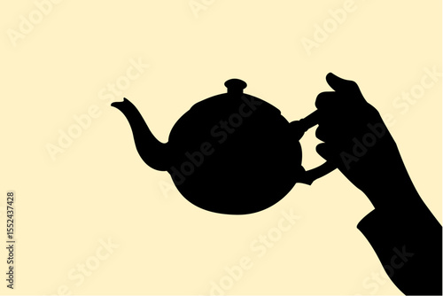 Silhouette of hand holding teapot. Icon of gesture arm serving tea on shadow. Vector illustration.