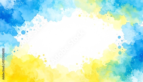 blue Yellow watercolor splash backround border isolated on white
