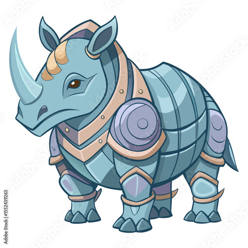 Stylized illustration of a blue rhinoceros wearing golden armor.