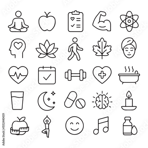 Healthy lifestyle choices and wellness activities icons set