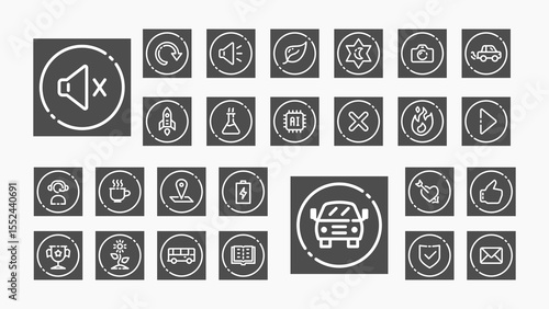 A sleek outline icon set with a dark UI theme, perfect for tech interfaces, apps, automotive, media, communication, and science features.