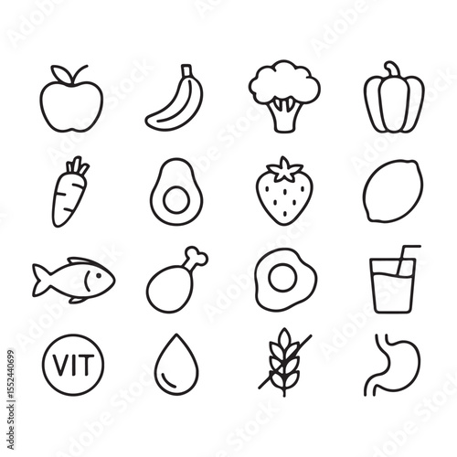 Healthy food and nutrition icons set collection
