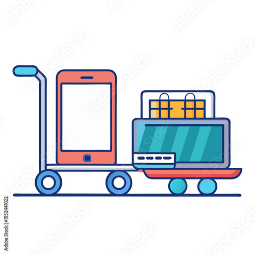 Shopping cart loaded with mobile phone and laptop with shopping bags