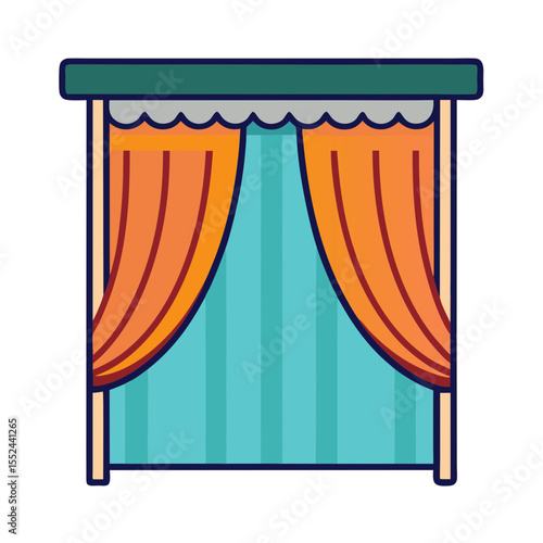 Stylized stage curtains with teal and orange drapes