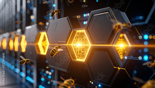 Blockchain Honeycomb Server Farm . Artificial Intelligence concept. Generated Image
