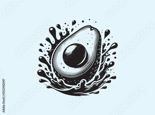 Sliced green avocado with creamy texture and powerful splash burst, energetic design for organic or natural food branding
