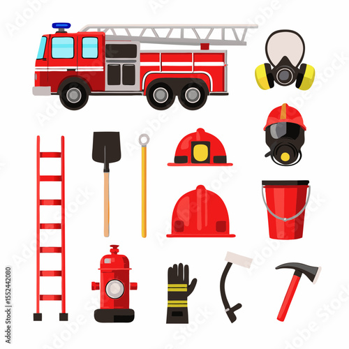 Collection of firefighter equipment and fire truck illustration