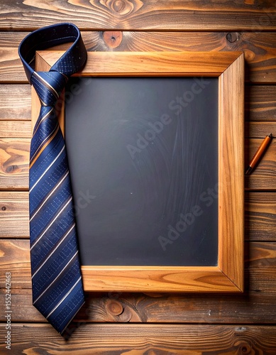 Fathers day concept, empty framed chalkboard and tie on wooden background