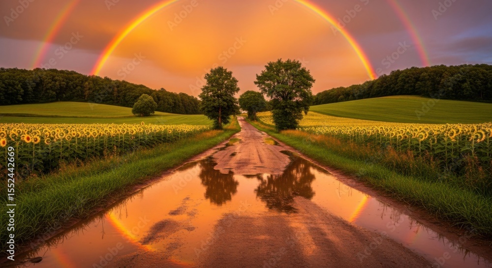 Obraz premium A Stunning Double Rainbow Arches Over a Country Road Lined with Sunflowers and Reflecting in Puddles After a Storm