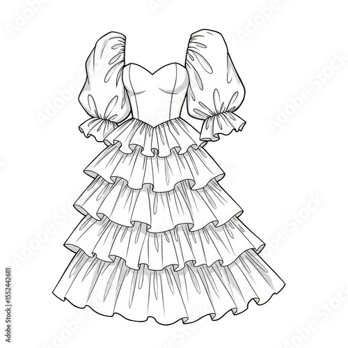 Illustration of White Ruffled Dress Gown with Puff Sleeves and Elegant Design