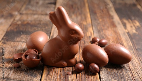 Chocolate Easter bunny and egg on wooden backround