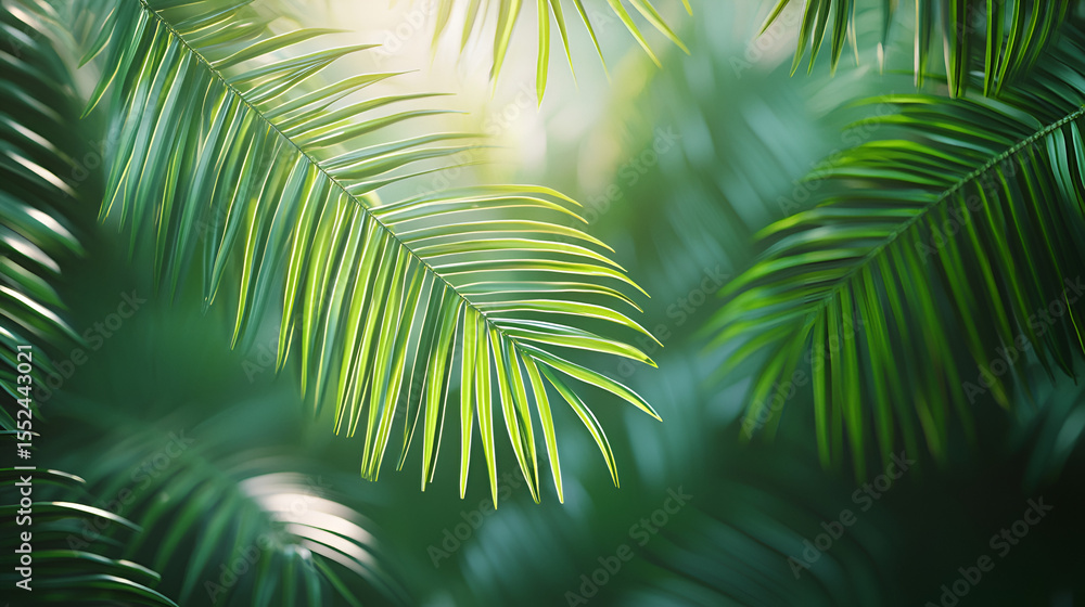 Obraz premium Tropical Palm Fronds: Sunlit branches creating a tranquil, verdant atmosphere. Nature's embrace.