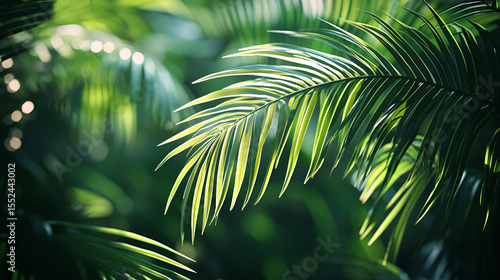 Sunlit Palm Fronds: A vibrant close-up showcases a tropical palm branch, illuminated by dappled sunlight.