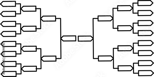 Black and white tournament bracket template with symmetrical knockout structure. Ideal for organizing competitions, playoffs, or sports event visual planning.
