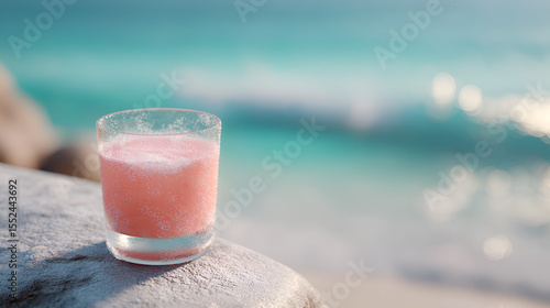 Refreshing pink drink on a rock with an ocean backdrop. Summer vibes and thirst-quenching coolness.