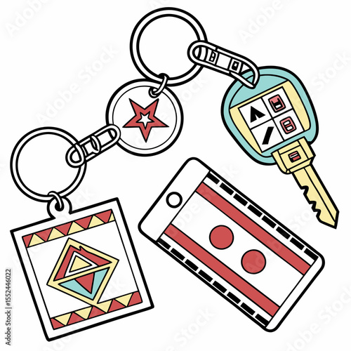 Collection of colorful keychains with geometric designs and a car key fob