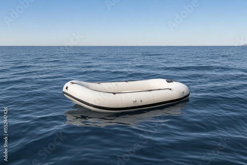 Realistic close-up of a white rubber dinghy drifting motionless on serene deep blue lake water isolated on white background