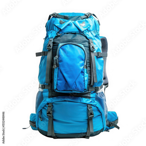 Blue hiking backpack gear isolated on transparent background isolated