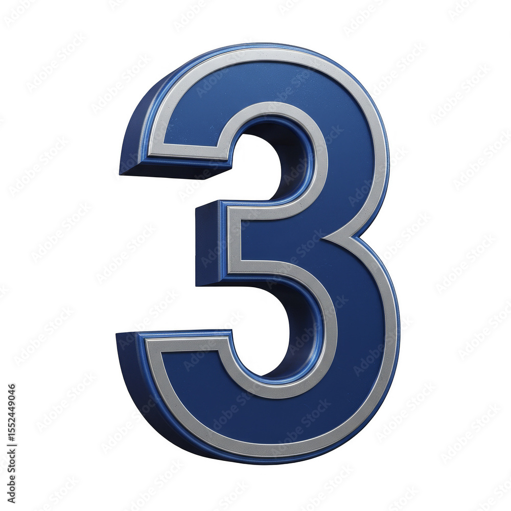 Fototapeta premium Isolated 3D Blue Metallic Number Three Illustration on Transparent Backdrop