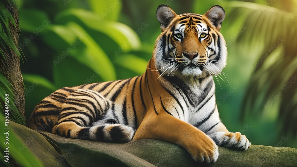 Obraz premium Beautiful Bengal tiger camouflaged in a green forest landscape filled with dense plants and wildlife