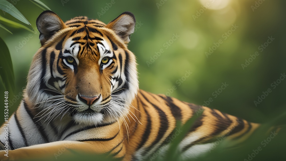 Obraz premium Powerful Bengal tiger blending into thick jungle vegetation under natural daylight in its native habitat