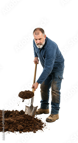 Isolated Portrait Of Gardener Man Digging Soil With Shovel On Transparent