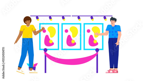 Two people admiring abstract art at a gallery opening. Suitable for marketing art events, promoting art exhibits, blog posts.